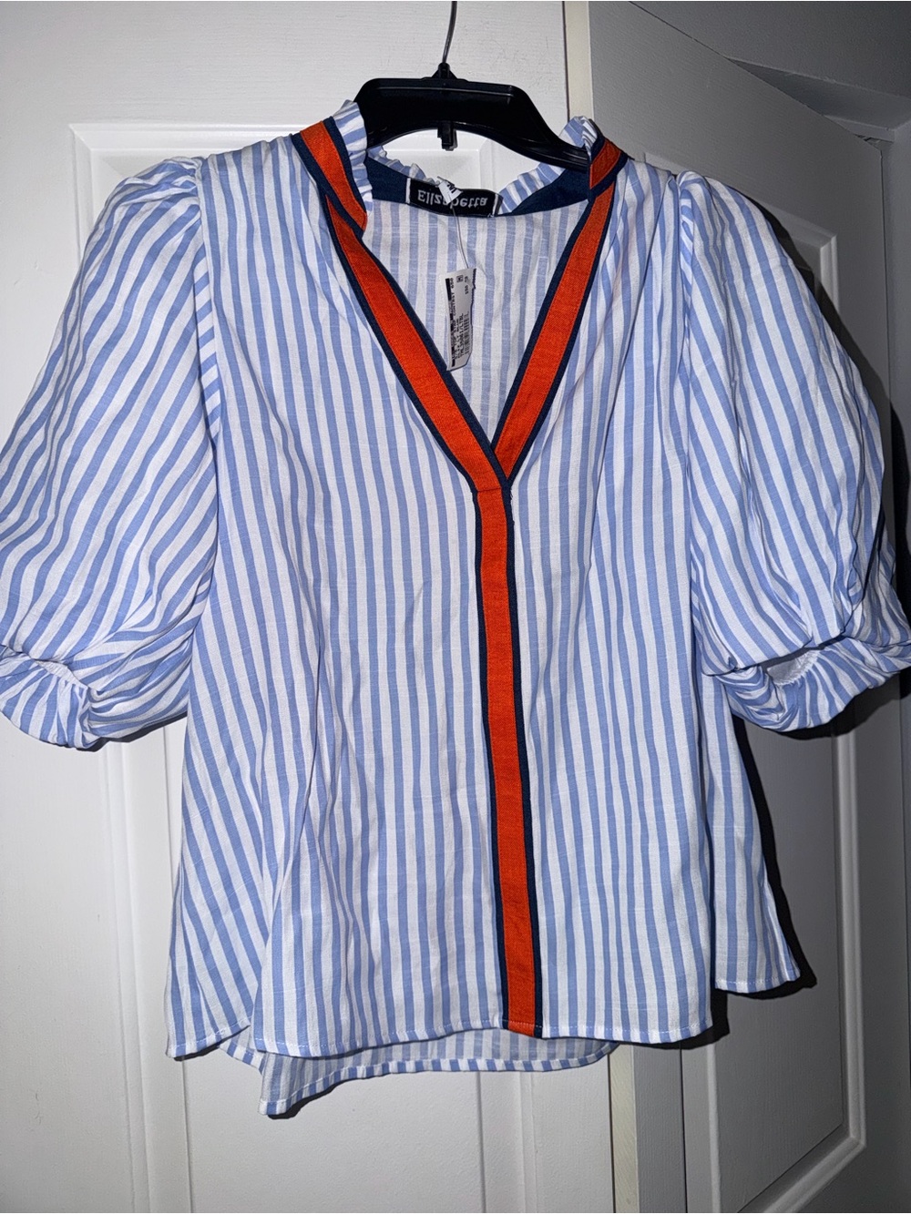 Elizabetta Blue and White Striped Puff-Sleeve Top with Orange Trim med NWT